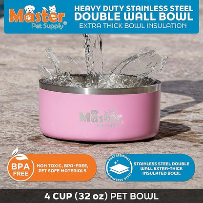 Master Pet Supply Stainless Steel Dog Bowls - 32 oz, Heavy Duty - Hyper Pink, Double Wall Extra-Thick Insulated, Non-Slip Pet Water Bowl for Dogs, Cats & Pets, Anti Rust Metal, Dish Washer Safe