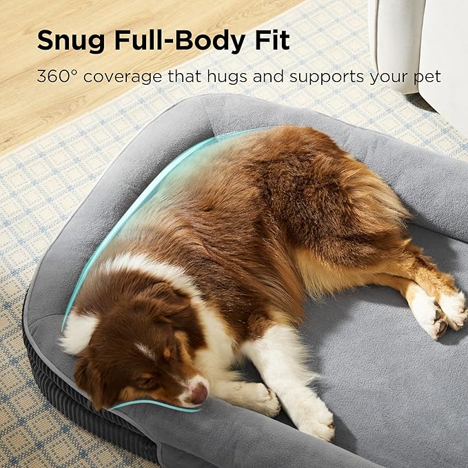 Bedsure XL Orthopedic Dog Beds Large Sized Dog - 360° Oval Bolster Large Dogs Bed for Senior Dogs with Waterproof Washable Cover, Extra Large Comfort Pet Sofa Couch with Ultra-Soft Fleece, Grey, 42"