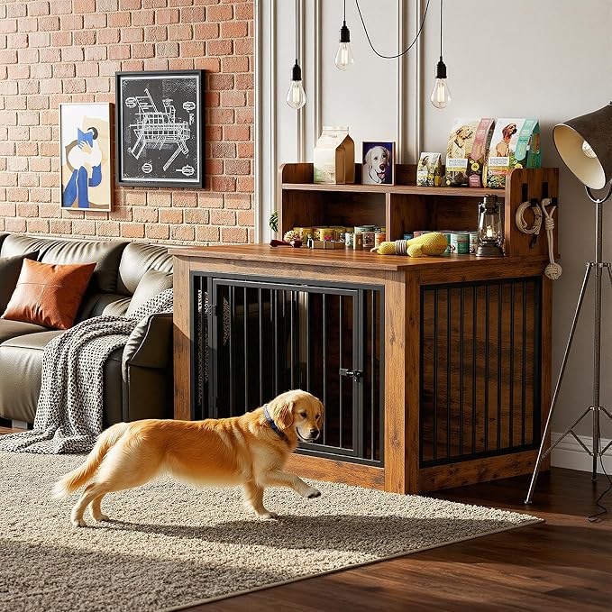 IRONCK Extra Large Dog Crate Furniture, 43.3 inches Wooden Dog Crate with Storage and 4 Hooks, Heavy Duty Pet Crate for Large Dog, Decorative Pet Cage for Indoor (30" L x 43.3" W x 41.1" H)
