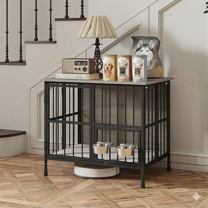 Hadulcet Foldable Dog Crate Furniture, No Assembly Indoor Dog Kennel with Storage Top, Wooden Dog Crate Table for Small to Medium Dogs (Up to 30 lbs), 27.55” Furniture Style Dog Cage with 2 Bowls Gray