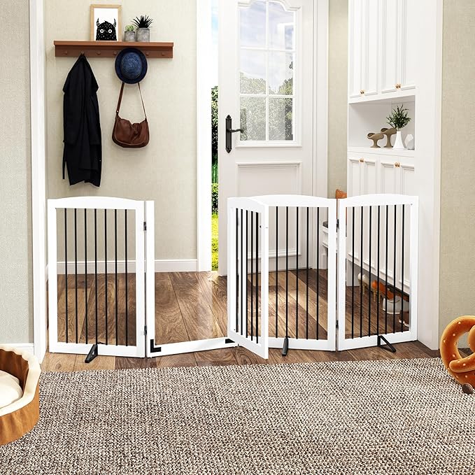 PUPETPO Freestanding Dog Gates with Door Walk Through, 80 inch Wide Gates Indoor, Dog Fences Indoor, Support Feet Included, 4 Panels, 32" Tall, White & Black