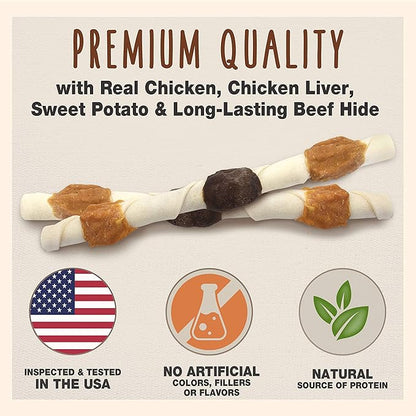 Cadet Gourmet X-Large Triple-Flavored Beef Hide Shish Kabob Dog Treats - Healthy & Natural Chicken, Liver, and Sweet Potato Dog Treats for Dogs Over 30 Lbs., 10 in. (15 Count)