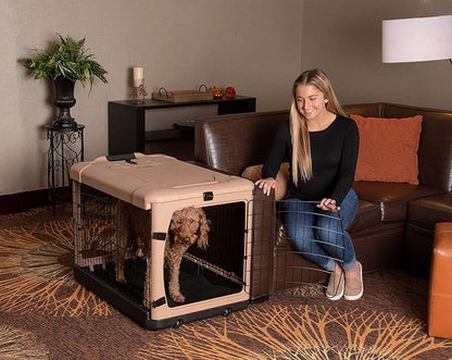 Pet Gear “The Other Door” 4 Door Steel Crate for Dogs/Cats with Garage-Style Door, Includes Plush Bed + Travel Bag, No Tools Required, Beige, 36 Inch