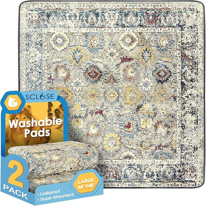 SCLOSE Washable Pee Pads for Dogs Large 2 Pack, 48" x 48" Reusable Puppy Pads Waterproof Dog Rugs, Super Absorbent, Leakproof, Dog Crate Pad, Playpen Mat, Whelping Pads, Vintage