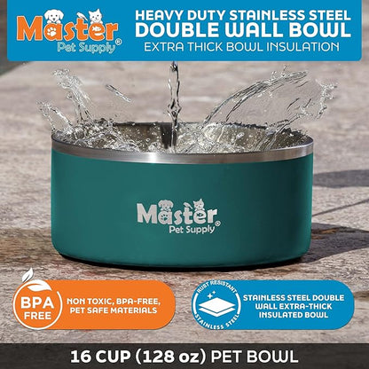 Master Pet Supply Stainless Steel Dog Bowls - 128 oz, Heavy Duty - Emerald Sea, Double Wall Extra-Thick Insulated, Non-Slip Pet Water Bowl for Dogs, Cats & Pets, Anti Rust Metal, Dish Washer Safe