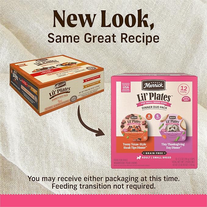 Merrick Lil’ Plates Grain Free Dinner Duos Soft Natural Wet Small Dog Food Variety Pack, Beef and Turkey - (Pack of 1) 2.6 lb. Tubs