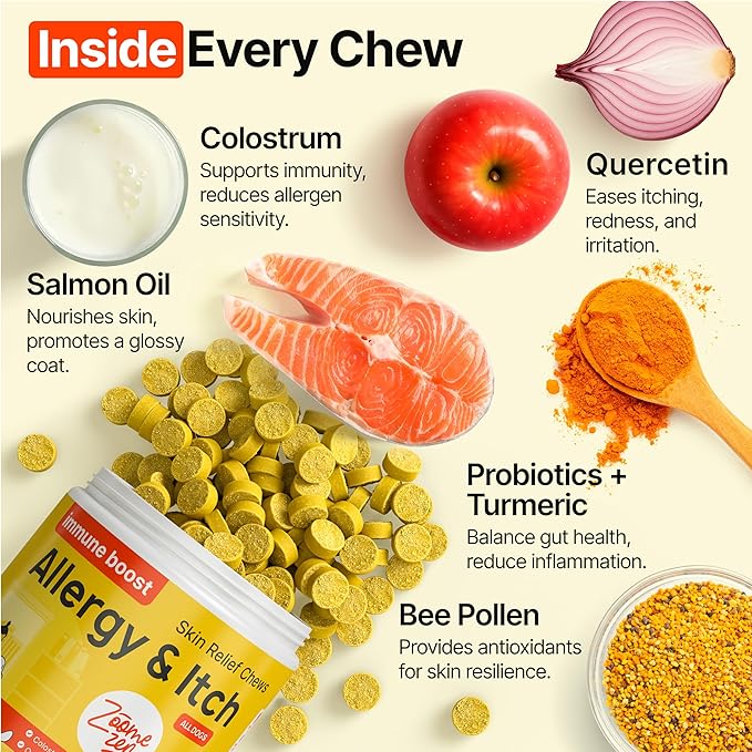 Dog Allergy Chews – Dog Allergy Relief, Itch Relief for Dogs – Anti Itch, Allergies & Immune Chews for Dogs with Omega 3 Fish Oil, Colostrum & Probiotics – 340 Count, Made in USA