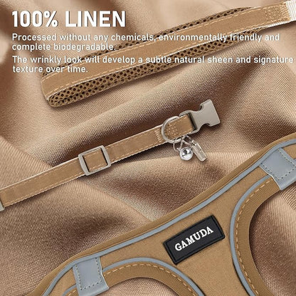 GAMUDA Small Pet Harness Collar and Leash Set, Step in No Chock No Pull Linen Fabric Soft Mesh Dog Vest Harnesses Reflective for Dogs Puppy Cats Kitten Rabbit (Brown, M)