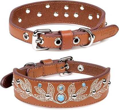 Blueberry Pet Western Dog Collar in Canyon Brown - 12-15 Inch Necks Floral-Embroidered Leather with Turquoise Studs, Adjustable