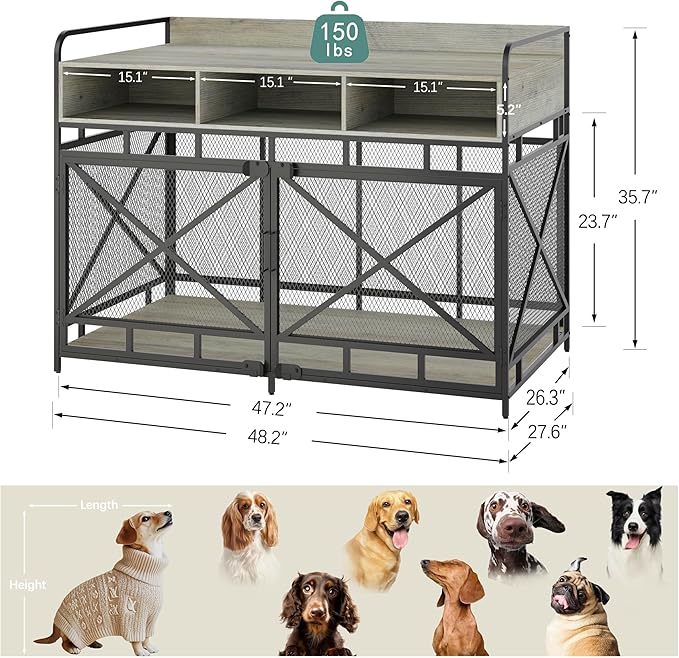 Fulhope Dog Crate Furniture, 48" Heavy Duty Wooden Dog Crate End Table, XL Dog Kennel Furniture Large Breed, Decorative Dog Kennel Indoor with 3 Drawers & Steel Tubes 48" L x28 W x36 H (Grey)