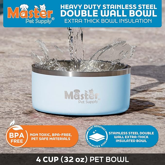 Master Pet Supply Stainless Steel Dog Bowls - 32 oz, Heavy Duty - Glacier Blue, Double Wall Extra-Thick Insulated, Non-Slip Pet Water Bowl for Dogs, Cats & Pets, Anti Rust Metal, Dish Washer Safe
