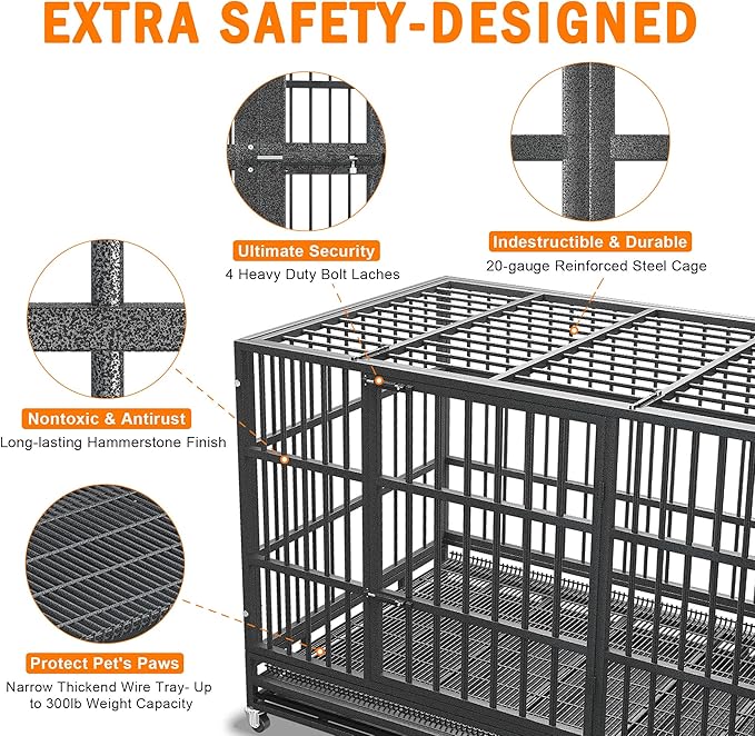 BOLDBONE 42 inch Heavy Duty Indestructible and Escape-Proof Dog Crate Cage Kennel for Large Dogs, High Anxiety Dog Crate with Removable Wire Trays and Wheels, Extra Large XL XXL, Black