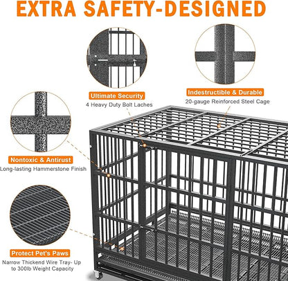 BOLDBONE 42 inch Heavy Duty Indestructible and Escape-Proof Dog Crate Cage Kennel for Large Dogs, High Anxiety Dog Crate with Removable Wire Trays and Wheels, Extra Large XL XXL, Black