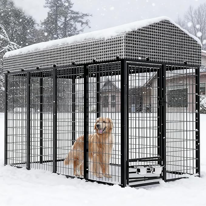 Large Dog Kennel Outside with Roof, Heavy-Duty Indoor Outdoor Dog Run Dog Enclosure with Removable Cover, Dog Pens Outside Playpen with Latch-Lock & Swivel Feeding Door, 4x8x6 Ft