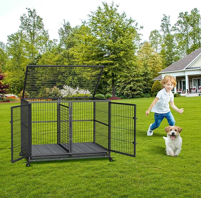 Heavy Duty Dog Crate, 48 Inches Large Metal Dog Kennel with Flexible Divider, 2 Door Pet Cage with Removable Tray and Wheels for Small Medium Large Pets
