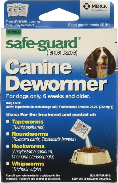 SAFE-GUARD (fenbendazole) Canine Dewormer for Dogs, 2gm pouch (ea. pouch treats 20lbs.), Blue, 0.07 Ounce (Pack of 3) (033576/001-033576)