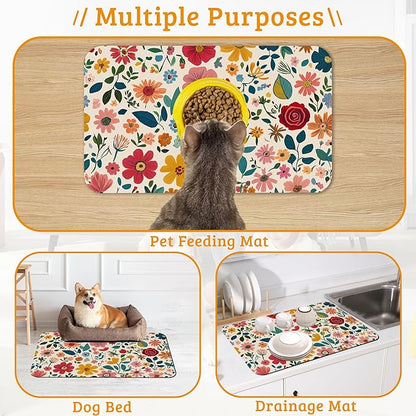 Colorful Flower Feeding Mat,Groovy Wildflowers Absorbent Quick-Dry Cat Dog Food and Water Bowl Mats,Non-Slip Rubber Backing Mat,Cat Dog Accessories Supplies 16" x 24"