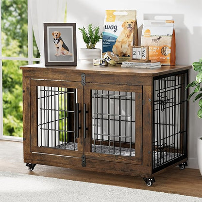 Dog Crate Furniture with Cushion Set of 2, Wooden Dog Kennel Indoor with Wheels & Double Doors, Dog Cage Side End Table for Medium Small Dogs up to 45 lb, 32.5” L, Rustic Brown