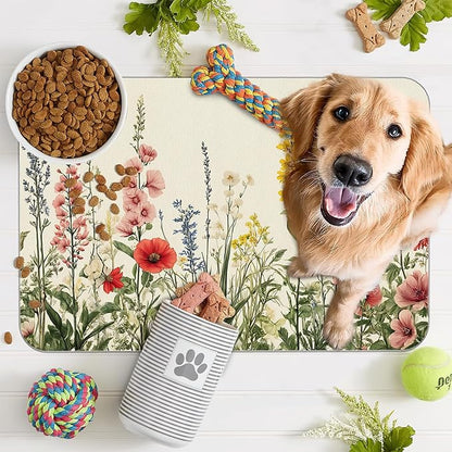 Vintage Flower Botanical Garden Dog Cat Food Mat,Absorbent Pet Feeding Mat for Food and Water,Non-Slip Dog Bowl Mats Floor Protector 16"x24"