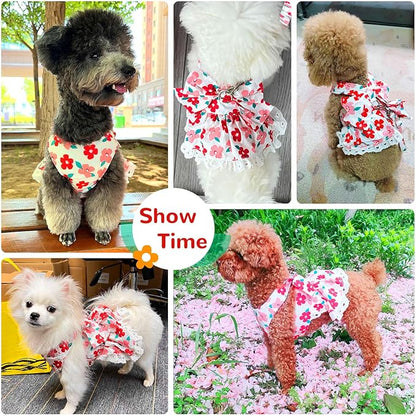 ABRRLO Dog Harness Dress Leash Set for Small Dog Summer Clothes Girl Female Puppy Cats Outfits Cute Floral Bowknot Princess Birthday Dress for Extra Small Pet Doggie Kitten Outfits Apparel(Red,L)