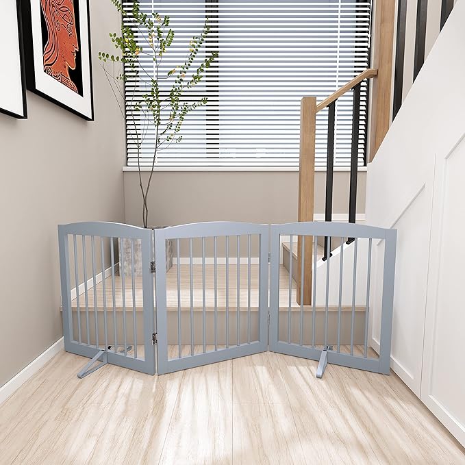 PUPETPO Freestanding Pet Gate for Dogs, Foldable Wooden Dog Gate for House, Indoor Dog Gate for Doorways, Stairs, Gates for Dogs Indoor, Support Feet Included, 24" Height 3 Panels, Grey