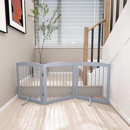 PUPETPO Freestanding Pet Gate for Dogs, Foldable Wooden Dog Gate for House, Indoor Dog Gate for Doorways, Stairs, Gates for Dogs Indoor, Support Feet Included, 24" Height 3 Panels, Grey