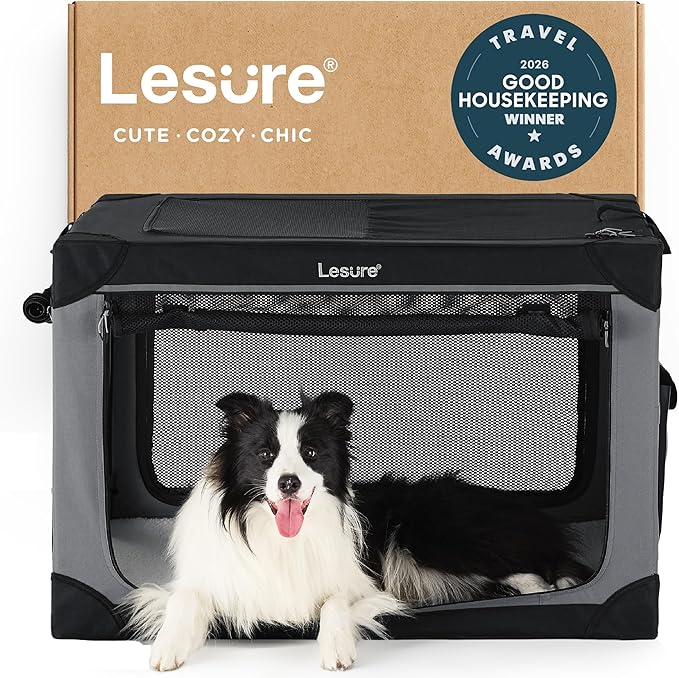 Lesure Shown on TODAY Show Soft Collapsible Dog Crate - 36 Inch Portable Travel Crate for Large Dogs Indoor & Outdoor, 4-Door Foldable Pet Kennel with Mesh Windows, Black