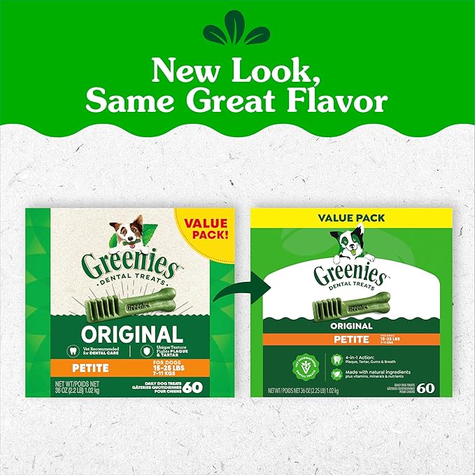 Greenies Veterinarian-Recommended Adult Natural Dental Dog Treats Petite Size, Dog Dental Chews, Original Flavor, 36 oz. Pack, 60 Count