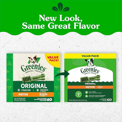 Greenies Veterinarian-Recommended Adult Natural Dental Dog Treats Petite Size, Dog Dental Chews, Original Flavor, 36 oz. Pack, 60 Count