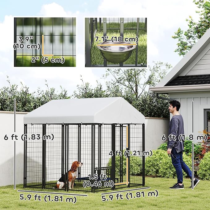 PawHut Outdoor Dog Kennel with Roof, 6' x 6' x 6' Heavy Duty Welded Wire Dog Playpen Enclosure with Escape-Proof Lock, Adjustable Bowls, UV-Resistant & Waterproof Cover, for S&M&L Breeds, Silver