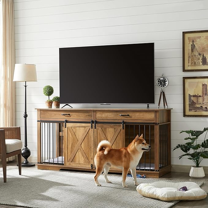 72.5" XXL Wooden Double Dog Crate Furniture for 2 Large Breeds, Farmhouse Barn Door, Removable Divider, Water Resistant with Built-in Drawers, Home Decor Pet Kennel, Rustic Oak