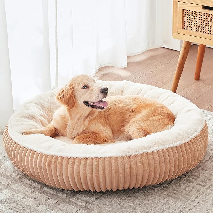 36 inches Donut Dog Bed for Large Dogs - Calming Round Pet Bed with Removable Cover,Washable Milk Plush Faux Fur, Fits Pets up to 80 lbs(Mocha,Large)