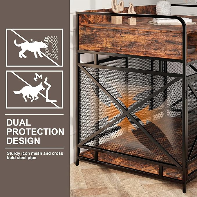 Fulhope Dog Crate Furniture, 48" Heavy Duty Wooden Dog Crate End Table, XL Dog Kennel Furniture Large Breed, Decorative Dog Kenne Indoor with 3 Drawers & Steel Tubes 48" L x28 W x36 H (Rustic Brown)