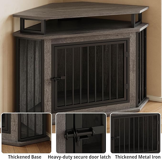 IRONCK 44" Corner Dog Crate with 2-Tier Shelves, Wooden Dog Kennel Furniture for TV Stand, Dog Kennel Indoor Furniture for Small and Medium Dogs, Rustic Brown (23.6" L x 43.3" W x 32.3" H)