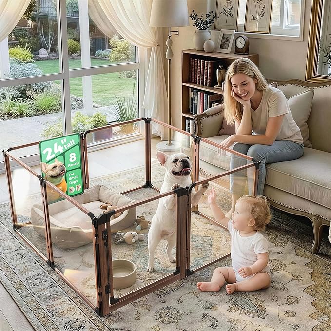 FXW AuraSpace Pro Acrylic Indoor Dog Playpen, Heavy-Duty with Metal Frame, 24" Height 8 Panels for Puppies & Small Dogs, Walnut│Patented