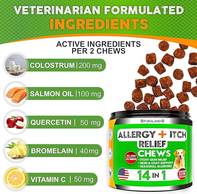 Dog Allergy Relief Chews - Dog Itch Relief - Omega 3 Fish Oil + Probiotics - Itchy Skin - Seasonal Allergies - Anti Itch Support & Hot Spots - Immune Supplement for Dogs