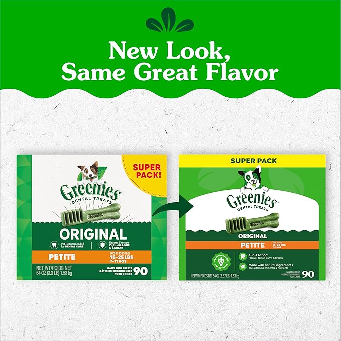 Greenies Veterinarian-Recommended Adult Natural Dental Dog Treats Petite Size, Dog Dental Chews, Original Flavor, 54 oz. Pack, 90 Count