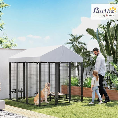 PawHut Outdoor Dog Kennel with Roof, 6' x 6' x 6' Heavy Duty Welded Wire Dog Playpen Enclosure with Escape-Proof Lock, UV-Resistant & Waterproof Cover, for Large Dogs, Chickens, Ducks, Silver