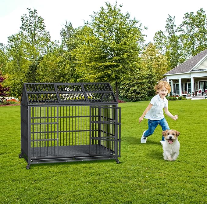 Heavy Duty Dog Crate, 52 Inches Large Metal Dog Kennel with Roof Top, 2 Door Pet Cage with Removable Tray and Wheels for High Anxiety Large Giant Breeds