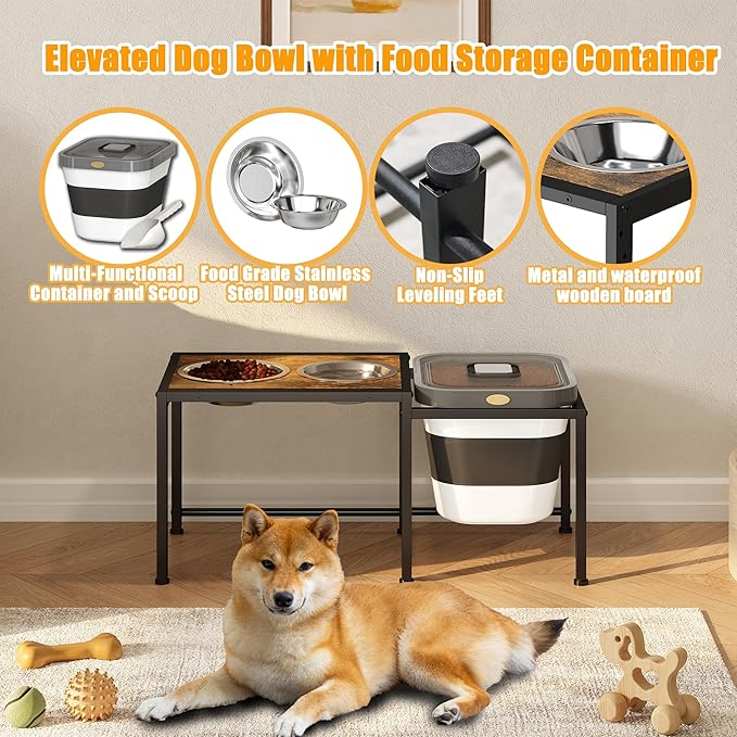 Elevated Dog Bowls with Storage Container ，Raised Dog Bowls for Large Dogs，15-18 lb Airtight Dog Food Storage Container, Adjustable Height Feeding Station