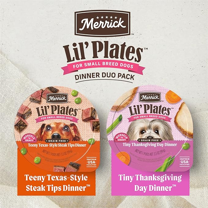 Merrick Lil’ Plates Grain Free Dinner Duos Soft Natural Wet Small Dog Food Variety Pack, Beef and Turkey - (Pack of 1) 2.6 lb. Tubs