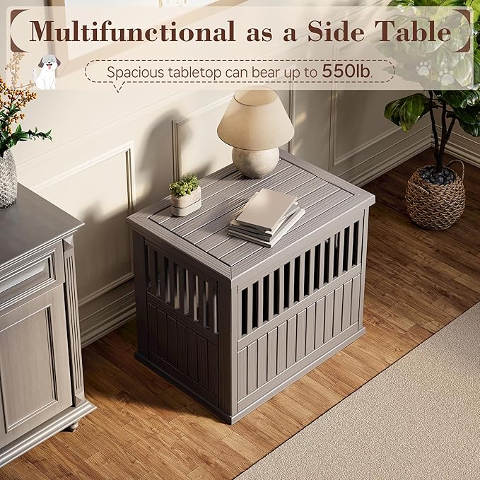 Fancyango 30-Inch Heavy Duty Dog Crate Furniture Lockable Indoor Outdoor Kennel & End Table for Small/Medium Dogs Decorative Plastic Pet Cage in Grey