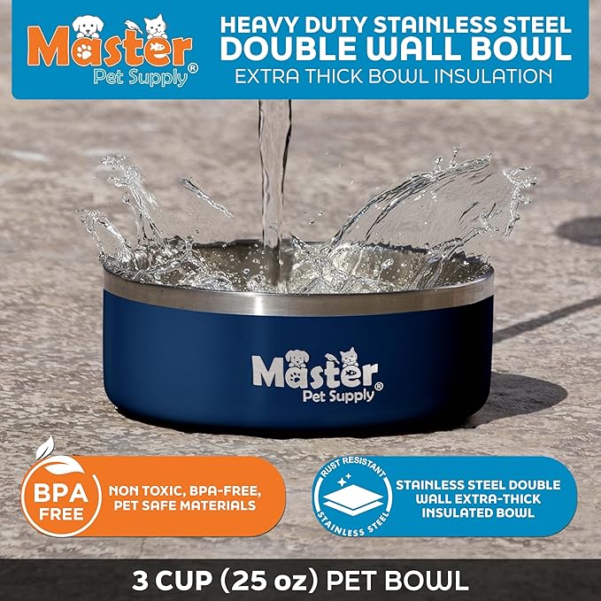 Master Pet Supply Stainless Steel Dog Bowls - 25 oz, Heavy Duty - Navy Blue, Double Wall Extra-Thick Insulated, Non-Slip Pet Water Bowl for Dogs, Cats & Pets, Anti Rust Metal, Dish Washer Safe