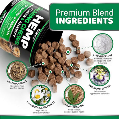 Hemp Calming Chews for Dogs - Advanced Dog Calming Chews - 170 Chews - Anxiety Relief Treats - Separation Aid, Barking, Stress Relief, Thunderstorms - Melatonin - Hemp Oil - Made in USA
