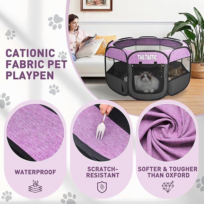 Large Cat Playpen for Multiple Cats, Extra Spacious Pet Tent Playground, Portable Dog Exercise Pen with Room for Toys & Bed, Indoor/Outdoor Enclosure for 2-3 Pets (Purple, Large)