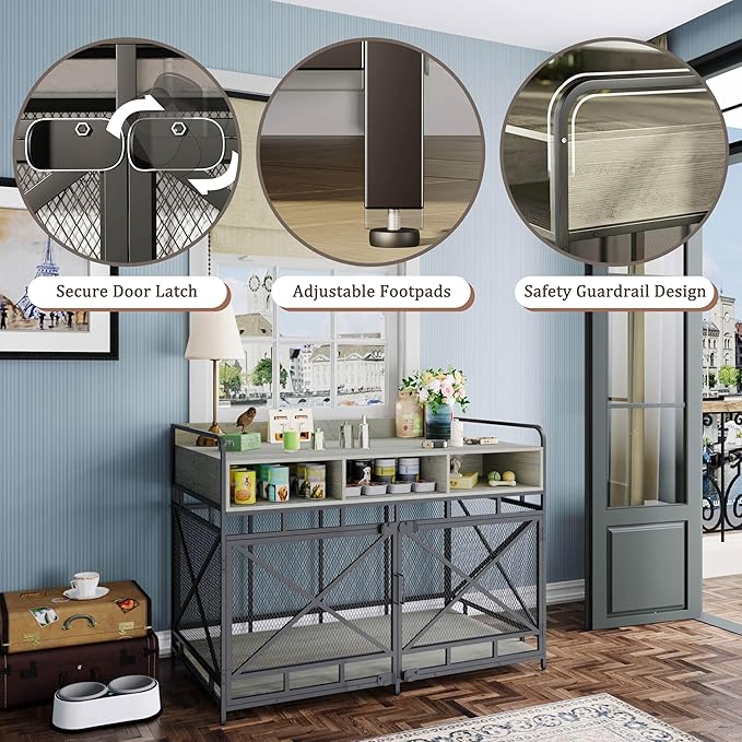 Fulhope Dog Crate Furniture, 48" Heavy Duty Wooden Dog Crate End Table, XL Dog Kennel Furniture Large Breed, Decorative Dog Kennel Indoor with 3 Drawers & Steel Tubes 48" L x28 W x36 H (Grey)