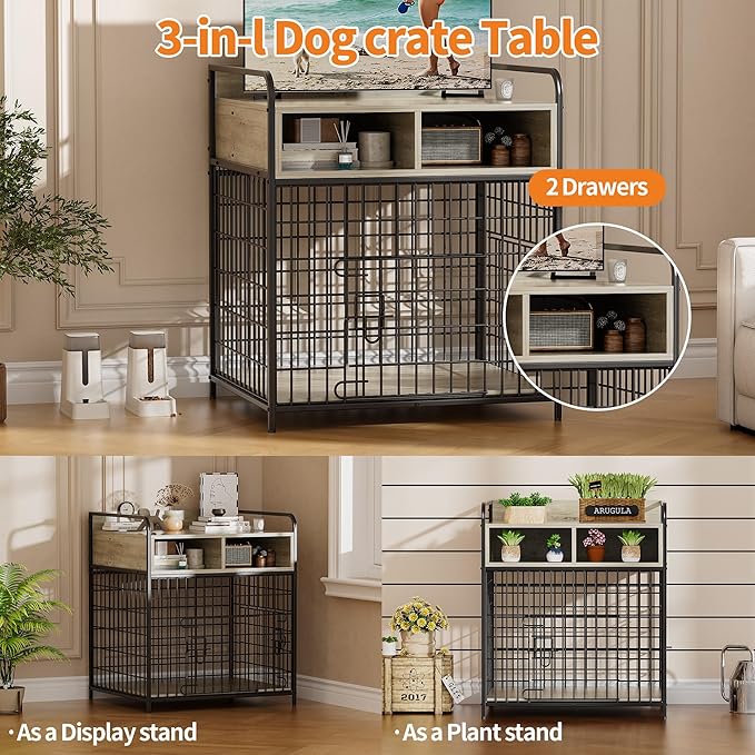 Saudism Small Dog Crate Furniture, Puppy Dog Kennel Indoor, Wood Dog Cage Table with Drawers Storage, Heavy Duty Dog Crate, Jaula para Perros, Sturdy Metal, 27.6" L×20.5" W×31.9" H