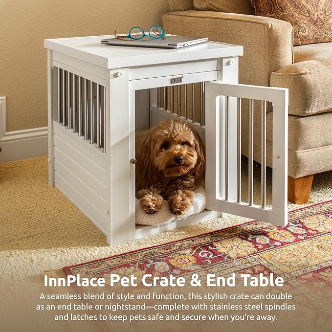 New Age Pet ECOFLEX InnPlace Dog Crate & End Table, Indoor Furniture Style Pet Kennel for Small, Medium, Large & XL Dogs, Durable Composite, Antique White, Small