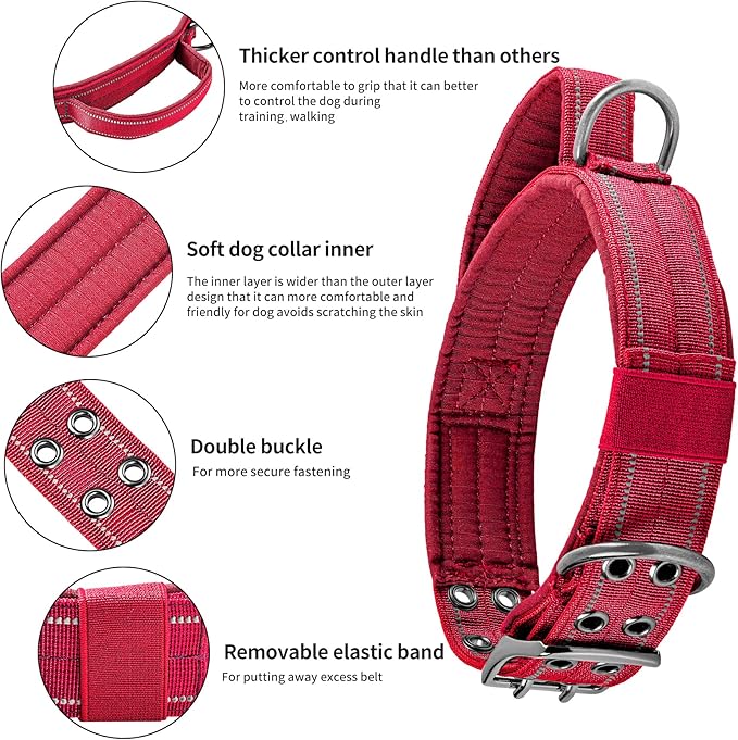 Annchwool Tactical Dog Collar for Medium and Large Dog,Adjustable Military Dog Collar with Soft Padded Handle,Heavy Duty Double Buckle Design(Red,M)