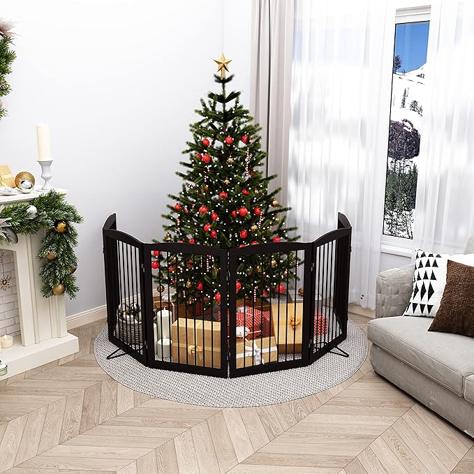 PUPETPO Freestanding Pet Gate for Dogs, Indoor Wooden Foldable Dog Gate for House, Extra Wide, Pet Fence for Stairs, Doorways, Halls, Support Feet Included, 120 Inch Wide, 6 Panels 32",Brown
